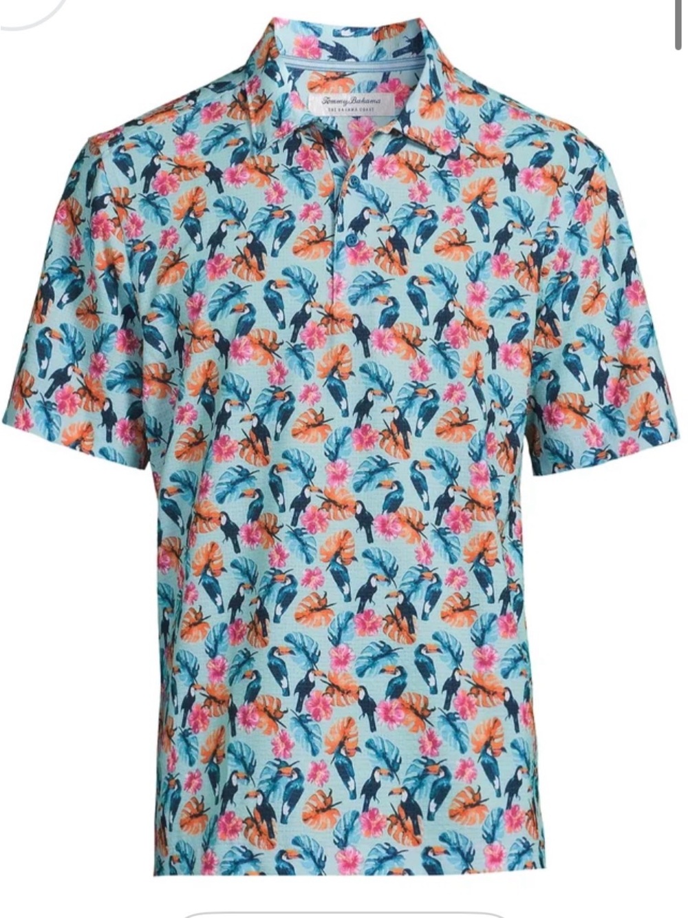 Tommy Bahama Bahama Coast “you can toucan” Light Blue Tropical Parrot Print Polo